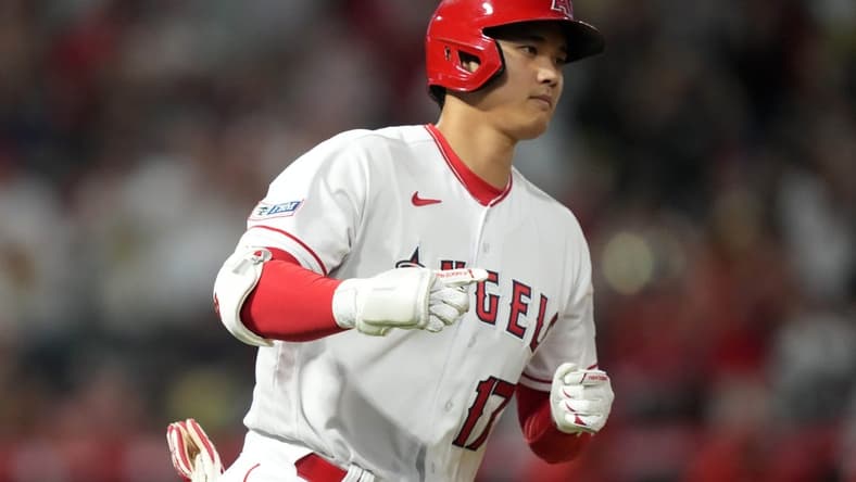 Jun 30, 2023; Anaheim, California, USA; Los Angeles Angels starting pitcher Shohei Ohtani (17) rounds the bases after hitting a home run in the sixth inning against the Arizona Diamondbacks at Angel Stadium. Mandatory Credit: Kirby Lee-USA TODAY Sports