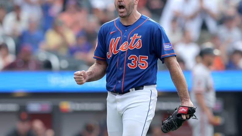 Jul 1, 2023; New York City, New York, USA; New York Mets starting pitcher Justin Verlander (35) reacts during the seventh inning against the San Francisco Giants at Citi Field. Mandatory Credit: Brad Penner-USA TODAY Sports
