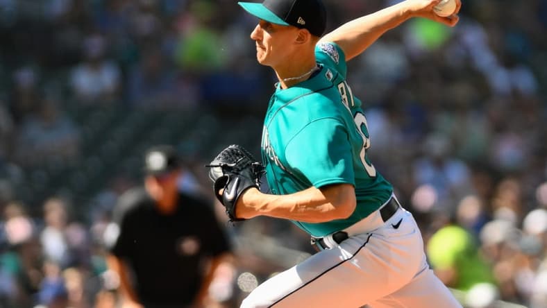 Jul 1, 2023; Seattle, Washington, USA; Seattle Mariners starting pitcher George Kirby (68) pitches to the Tampa Bay Rays during the first inning at T-Mobile Park. Mandatory Credit: Steven Bisig-USA TODAY Sports