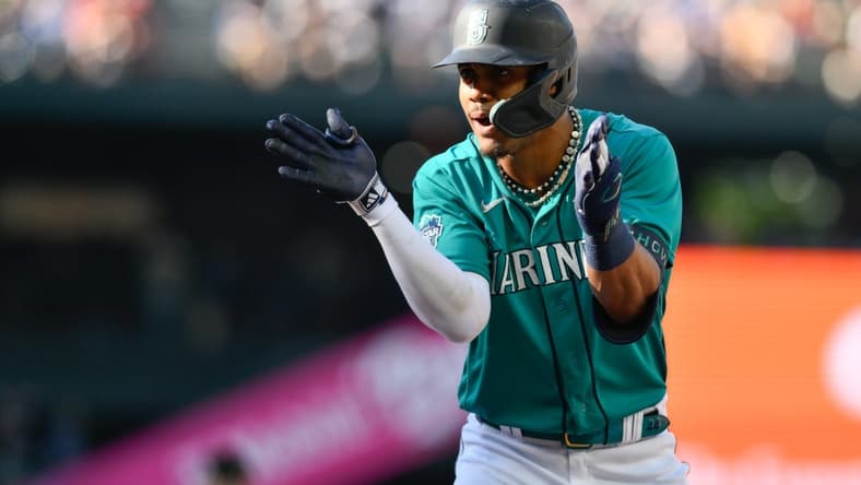 Jul 1, 2023; Seattle, Washington, USA; Seattle Mariners center fielder Julio Rodriguez (44) celebrates after hitting a single against the Tampa Bay Rays during the seventh inning at T-Mobile Park. Mandatory Credit: Steven Bisig-USA TODAY Sports