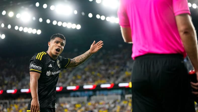 Jul 1, 2023; Columbus, Ohio, USA; Columbus Crew forward Cucho Hernandez (9) argues with the linesman during the second half of the MLS soccer game against the New York Red Bulls at Lower.com Field. The Crew won 2-1.