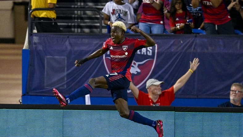 Jul 1, 2023; Frisco, Texas, USA; FC Dallas forward Bernard Kamungo (77) celebrates after he scores a goal against Los Angeles FC during second half at Toyota Stadium. Mandatory Credit: Jerome Miron-USA TODAY Sports