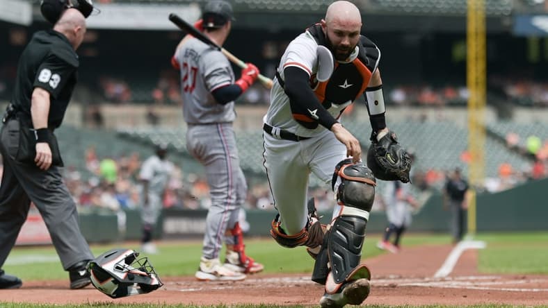 Jul 2, 2023; Baltimore, Maryland, USA; Baltimore Orioles catcher Anthony Bemboom (37) chases down a pass ball during the first inning against the Minnesota Twins at Oriole Park at Camden Yards. Mandatory Credit: Tommy Gilligan-USA TODAY Sports