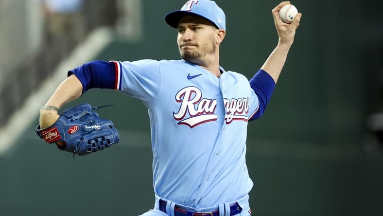 Jul 2, 2023; Arlington, Texas, USA; Texas Rangers starting pitcher Andrew Heaney (44) throws during the first inning against the Houston Astros at Globe Life Field. Mandatory Credit: Kevin Jairaj-USA TODAY Sports