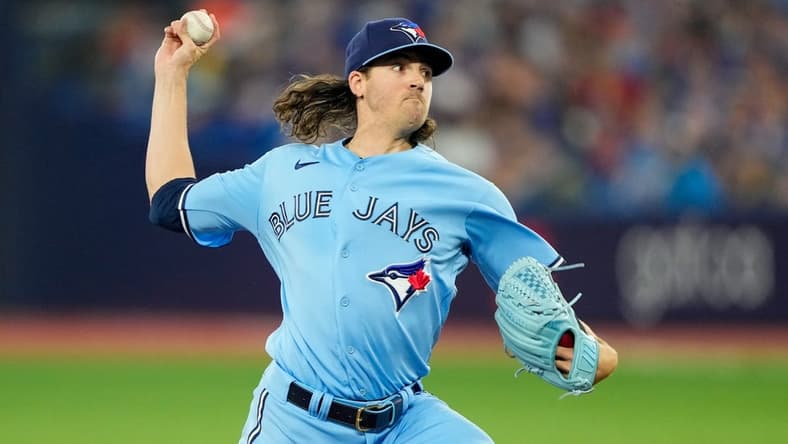 Jul 2, 2023; Toronto, Ontario, CAN; Toronto Blue Jays starting pitcher Kevin Gausman (34) pitches to the Boston Red Sox during the first inning at Rogers Centre. Mandatory Credit: Kevin Sousa-USA TODAY Sports