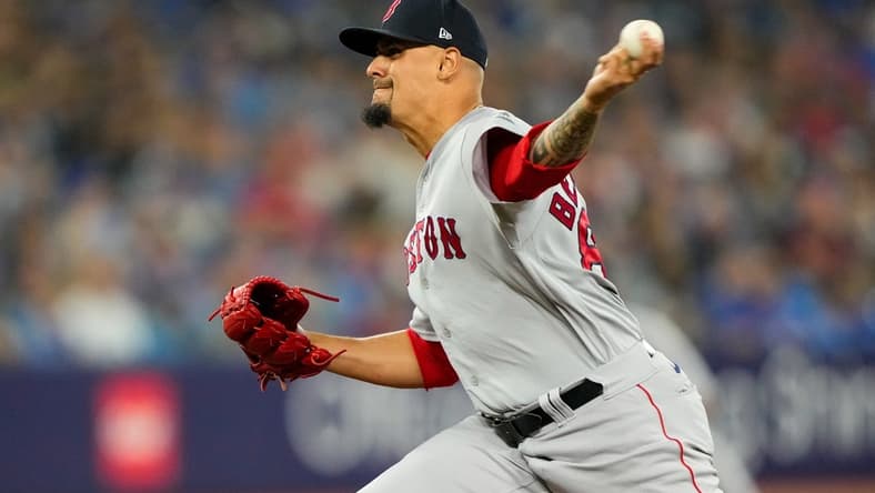 Jul 2, 2023; Toronto, Ontario, CAN; Boston Red Sox relief pitcher Brennan Bernardino (83) pitches to the Toronto Blue Jays during the second inning at Rogers Centre. Mandatory Credit: Kevin Sousa-USA TODAY Sports