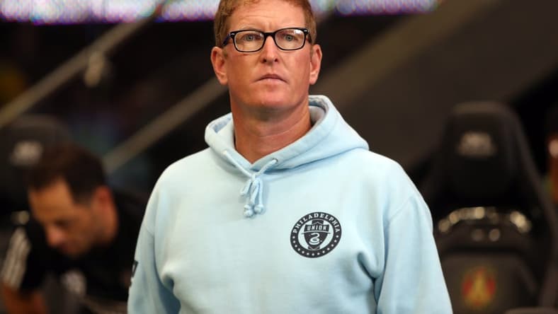 Jul 2, 2023; Atlanta, Georgia, USA; Philadelphia Union head coach Jim Curtin looks on before the game against the Atlanta United at Mercedes-Benz Stadium. Mandatory Credit: Brett Davis-USA TODAY Sports