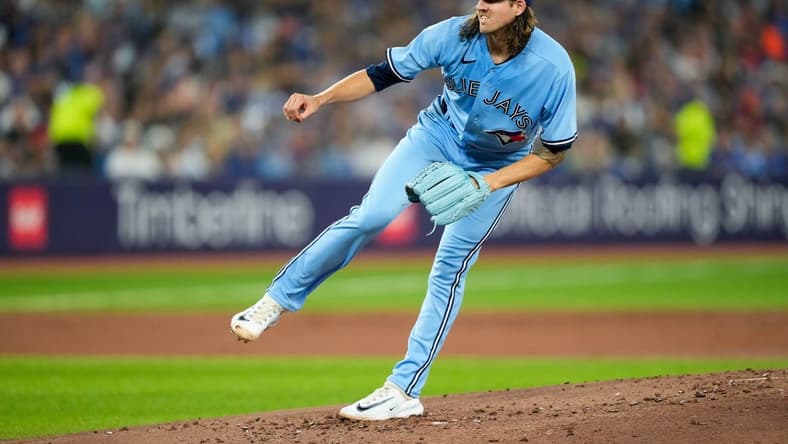 Jul 2, 2023; Toronto, Ontario, CAN; Toronto Blue Jays starting pitcher Kevin Gausman (34) pitches to the Boston Red Sox during the third inning at Rogers Centre. Mandatory Credit: Kevin Sousa-USA TODAY Sports