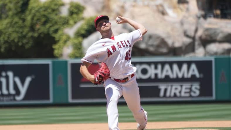 Jul 2, 2023; Anaheim, California, USA; Los Angeles Angels starting pitcher Reid Detmers (48) throws in the third inning against the Arizona Diamondbacks at Angel Stadium. Mandatory Credit: Kirby Lee-USA TODAY Sports