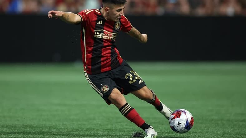 Jul 2, 2023; Atlanta, Georgia, USA; Atlanta United midfielder Thiago Almada (23) kicks the ball against the Philadelphia Union in the second half at Mercedes-Benz Stadium. Mandatory Credit: Brett Davis-USA TODAY Sports