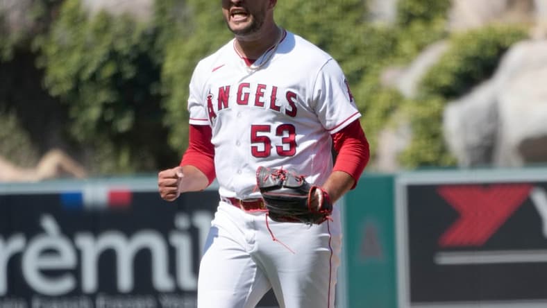 Jul 2, 2023; Anaheim, California, USA; Los Angeles Angels relief pitcher Carlos Estevez (53) celebrates at the end of the game against the Arizona Diamondbacks at Angel Stadium. Mandatory Credit: Kirby Lee-USA TODAY Sports