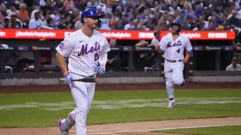 Jul 2, 2023; New York City, New York, USA; New York Mets designated hitter Pete Alonso (20) reacts to getting a bases loaded walk against the San Francisco Giants during the third inning at Citi Field. Mandatory Credit: Gregory Fisher-USA TODAY Sports