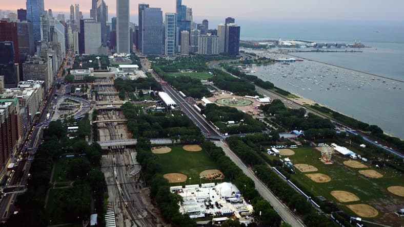 Jul 2, 2023; Chicago, Illinois, USA; A general view as cars race along Grant Park during the Grant Park 220 of the Chicago Street Race viewed from the NEMA Chicago buliding. Mandatory Credit: Jon Durr-USA TODAY Sports