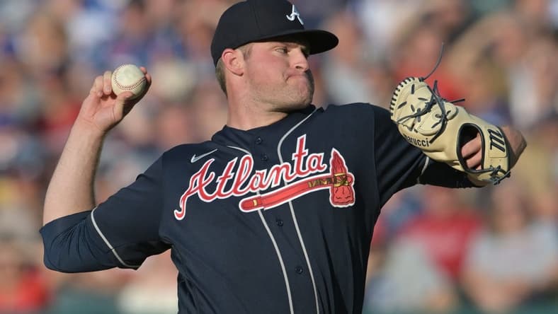 Jul 3, 2023; Cleveland, Ohio, USA; Atlanta Braves starting pitcher Bryce Elder (55) throws a pitch during the first inning against the Cleveland Guardians at Progressive Field. Mandatory Credit: Ken Blaze-USA TODAY Sports