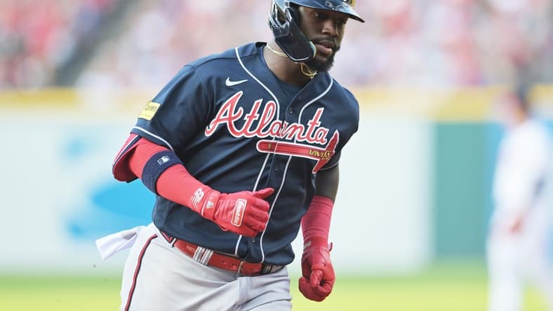 Jul 3, 2023; Cleveland, Ohio, USA; Atlanta Braves center fielder Michael Harris II (23) rounds the bases after hitting a home run during the third inning against the Cleveland Guardians at Progressive Field. Mandatory Credit: Ken Blaze-USA TODAY Sports
