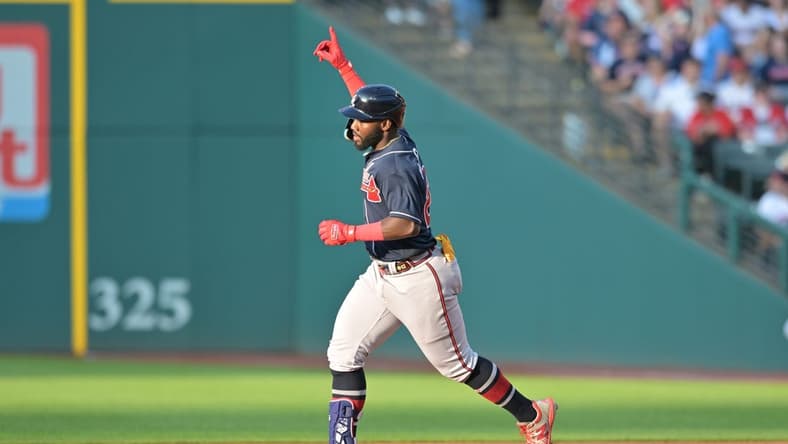 Jul 3, 2023; Cleveland, Ohio, USA; Atlanta Braves center fielder Michael Harris II (23) rounds the bases after hitting a home run during the third inning against the Cleveland Guardians at Progressive Field. Mandatory Credit: Ken Blaze-USA TODAY Sports
