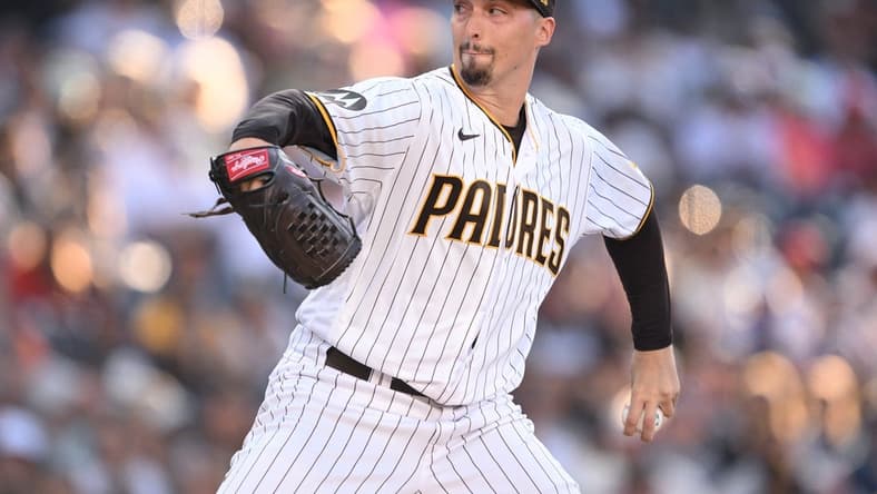 Jul 3, 2023; San Diego, California, USA; San Diego Padres starting pitcher Blake Snell (4) throws a pitch against the Los Angeles Angels during the first inning at Petco Park. Mandatory Credit: Orlando Ramirez-USA TODAY Sports