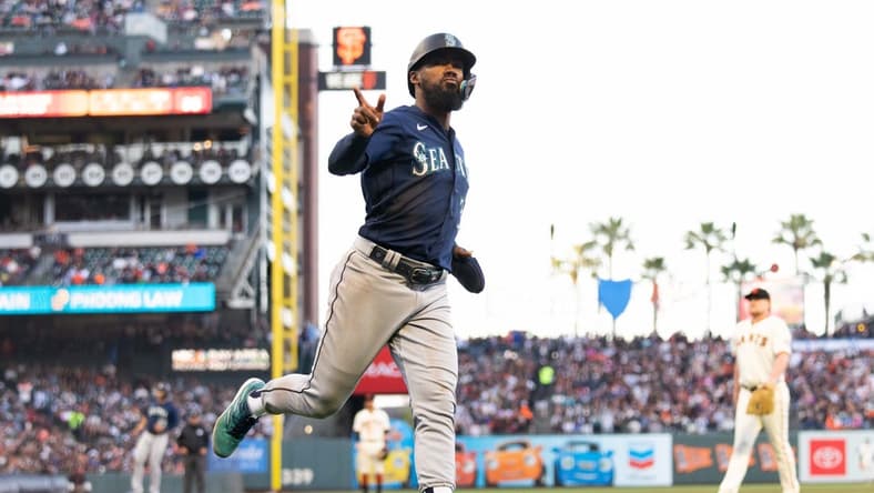 Jul 3, 2023; San Francisco, California, USA; Seattle Mariners right fielder Teoscar Hernandez (35) reacts during the fourth inning against the San Francisco Giants at Oracle Park. Mandatory Credit: Stan Szeto-USA TODAY Sports
