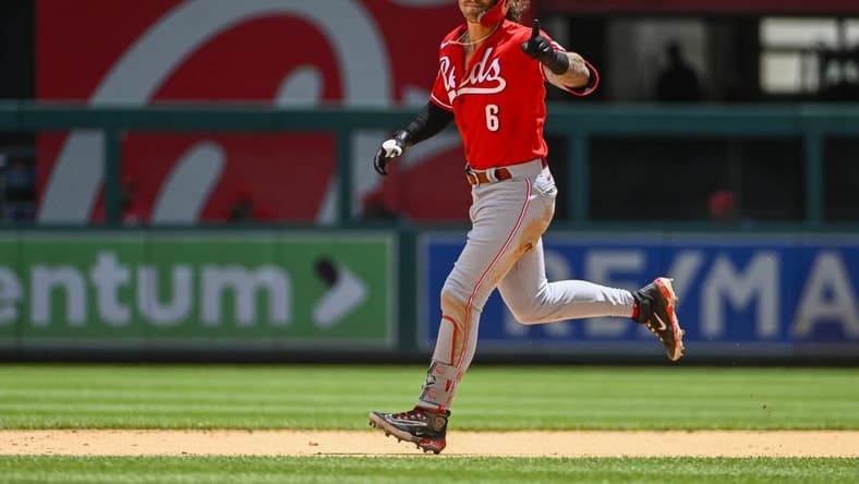 Jul 4, 2023; Washington, District of Columbia, USA; Cincinnati Reds second baseman Jonathan India (6) gestures to the dugout after hitting a solo home run against the Washington Nationals during the sixth inning at Nationals Park. Mandatory Credit: Brad Mills-USA TODAY Sports