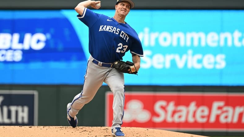 Jul 4, 2023; Minneapolis, Minnesota, USA; Kansas City Royals starting pitcher Zack Greinke (23) throws a pitch against the Minnesota Twins during the first inning at Target Field. Mandatory Credit: Jeffrey Becker-USA TODAY Sports