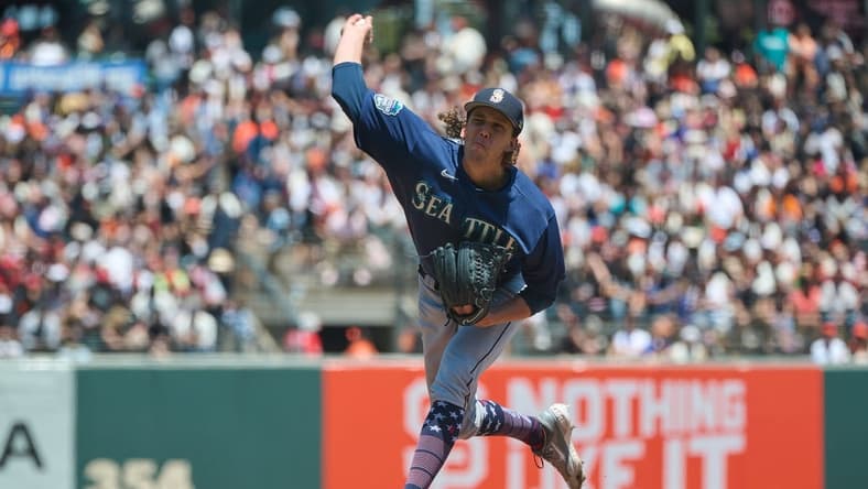 Jul 4, 2023; San Francisco, California, USA; Seattle Mariners pitcher Logan Gilbert (36) throws a pitch against the San Francisco Giants during the first inning at Oracle Park. Mandatory Credit: Robert Edwards-USA TODAY Sports