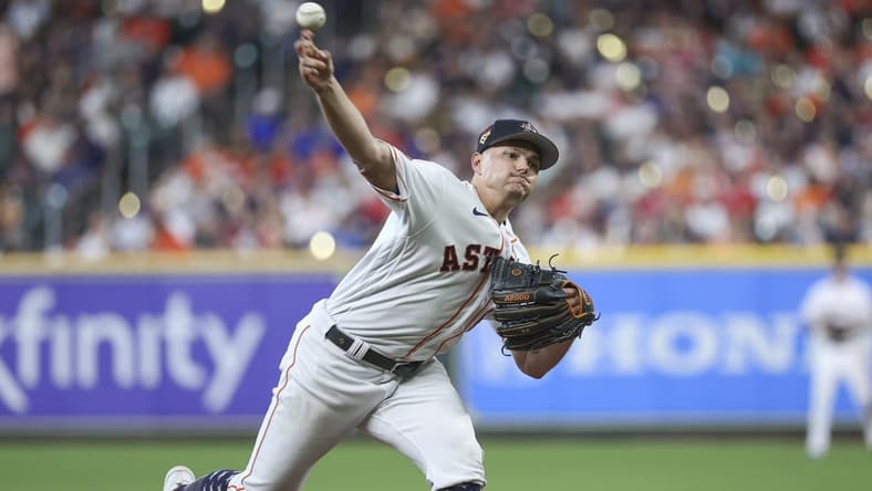 Jul 4, 2023; Houston, Texas, USA; Houston Astros starting pitcher Brandon Bielak (64) delivers a pitch during the seventh inning against the Colorado Rockies at Minute Maid Park. Mandatory Credit: Troy Taormina-USA TODAY Sports