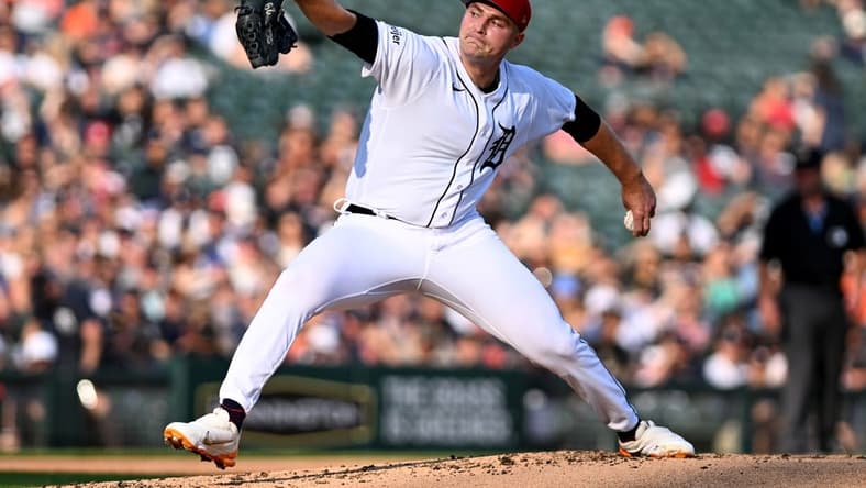 Jul 4, 2023; Detroit, Michigan, USA; Detroit Tigers starting pitcher Tarik Skubal (29) throws a pitch against the Oakland Athletics in the second inning at Comerica Park. Mandatory Credit: Lon Horwedel-USA TODAY Sports