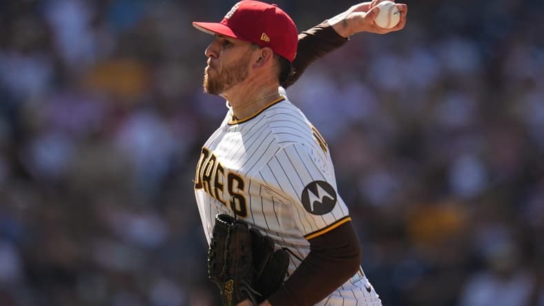 Jul 4, 2023; San Diego, California, USA; San Diego Padres starting pitcher Joe Musgrove (44) throws a pitch against the Los Angeles Angels during the third inning at Petco Park. Mandatory Credit: Ray Acevedo-USA TODAY Sports