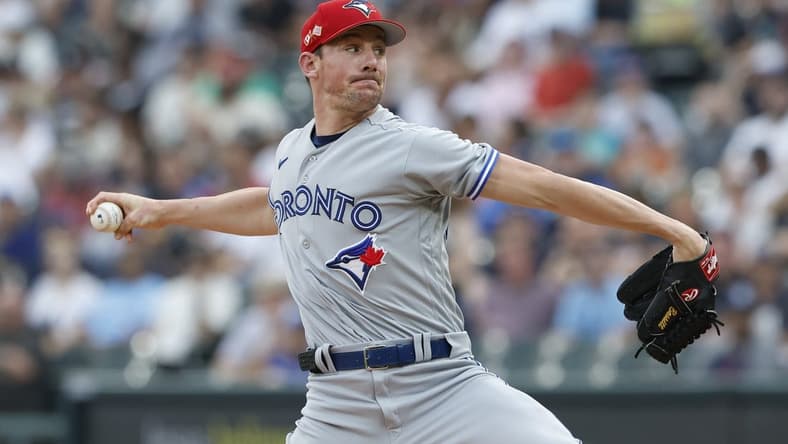 Jul 4, 2023; Chicago, Illinois, USA; Toronto Blue Jays starting pitcher Chris Bassitt (40) delivers a pitch against the Chicago White Sox during the first inning at Guaranteed Rate Field. Mandatory Credit: Kamil Krzaczynski-USA TODAY Sports