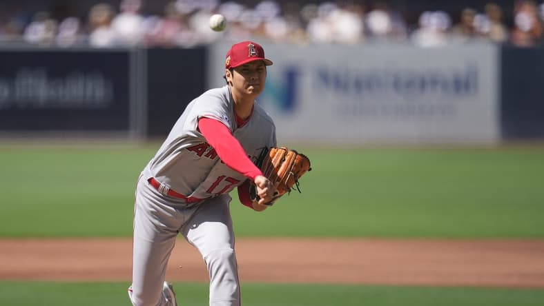 Jul 4, 2023; San Diego, California, USA; Los Angeles Angels starting pitcher Shohei Ohtani (17) throws a pitch against the San Diego Padres during the first inning at Petco Park. Mandatory Credit: Ray Acevedo-USA TODAY Sports
