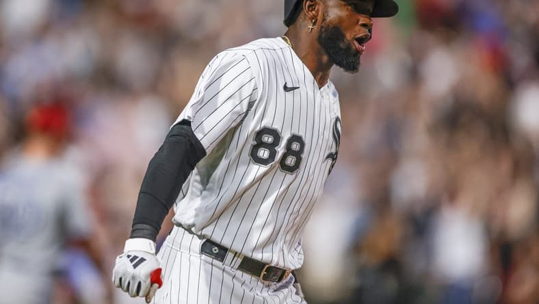Jul 4, 2023; Chicago, Illinois, USA; Chicago White Sox center fielder Luis Robert Jr. (88) rounds the bases after hitting a three-run home run against the Toronto Blue Jays during the sixth inning at Guaranteed Rate Field. Mandatory Credit: Kamil Krzaczynski-USA TODAY Sports