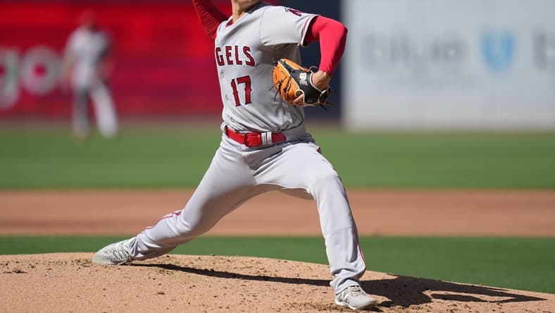 Jul 4, 2023; San Diego, California, USA; Los Angeles Angels starting pitcher Shohei Ohtani (17) throws a pitch against the Los Angeles Angels during the second inning at Petco Park. Mandatory Credit: Ray Acevedo-USA TODAY Sports