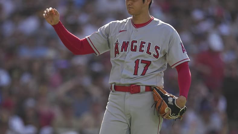 Jul 4, 2023; San Diego, California, USA; Los Angeles Angels starting pitcher Shohei Ohtani (17) reacts during the fourth inning against the San Diego Padres at Petco Park. Mandatory Credit: Ray Acevedo-USA TODAY Sports