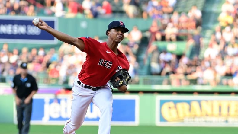 Jul 5, 2023; Boston, Massachusetts, USA; Boston Red Sox starting pitcher Brayan Bello (66) pitches against the Texas Rangers during the first inning at Fenway Park. Mandatory Credit: Eric Canha-USA TODAY Sports