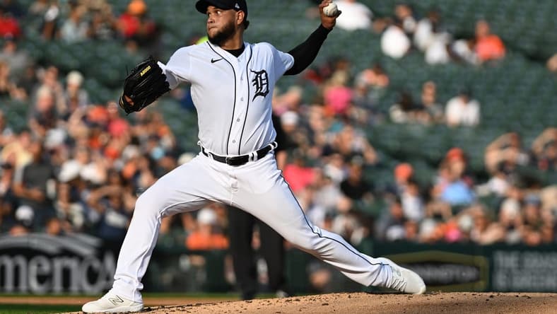 Jul 5, 2023; Detroit, Michigan, USA; Detroit Tigers starting pitcher Eduardo Rodriguez (57) throws a pitch against the Oakland Athletics in the second inning at Comerica Park. Mandatory Credit: Lon Horwedel-USA TODAY Sports