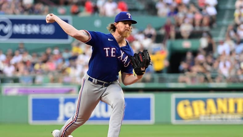 Jul 5, 2023; Boston, Massachusetts, USA; Texas Rangers starting pitcher Jon Gray (22) pitches against the Boston Red Sox during the first inning at Fenway Park. Mandatory Credit: Eric Canha-USA TODAY Sports