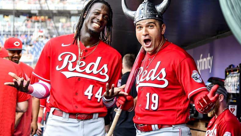 Jul 5, 2023; Washington, District of Columbia, USA; Cincinnati Reds first baseman Joey Votto (19) reacts with shortstop Elly De La Cruz (44) after hitting a solo home run against the Washington Nationals during the first inning at Nationals Park. Mandatory Credit: Brad Mills-USA TODAY Sports