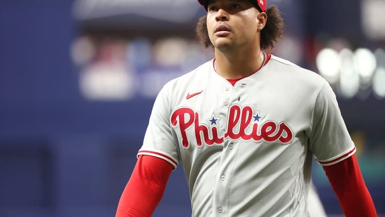 Jul 5, 2023; St. Petersburg, Florida, USA; Philadelphia Phillies starting pitcher Taijuan Walker (99) walks back to the dugout at the end of the first inning against the Tampa Bay Rays at Tropicana Field. Mandatory Credit: Kim Klement-USA TODAY Sports