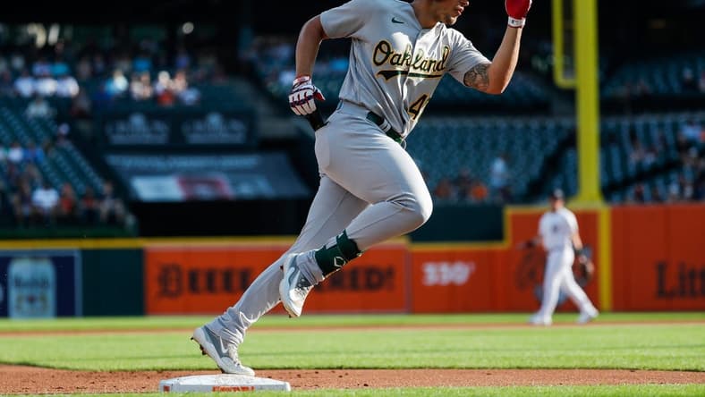 Oakland Athletics first baseman Ryan Noda (49) runs by third base after hitting 2-run homer against the Detroit Tigers during the first inning at Comerica Park in Detroit on Wednesday, July 5, 2023.