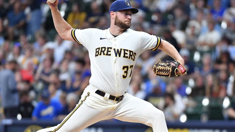 Jul 5, 2023; Milwaukee, Wisconsin, USA; Milwaukee Brewers starting pitcher Adrian Houser (37) delivers a pitch against the Chicago Cubs in the first inning at American Family Field. Mandatory Credit: Michael McLoone-USA TODAY Sports