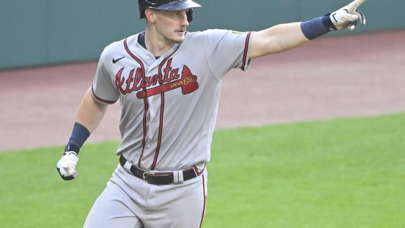 Jul 5, 2023; Cleveland, Ohio, USA; Atlanta Braves catcher Sean Murphy (12) celebrates his solo home run in the third inning against the Cleveland Guardians at Progressive Field. Mandatory Credit: David Richard-USA TODAY Sports