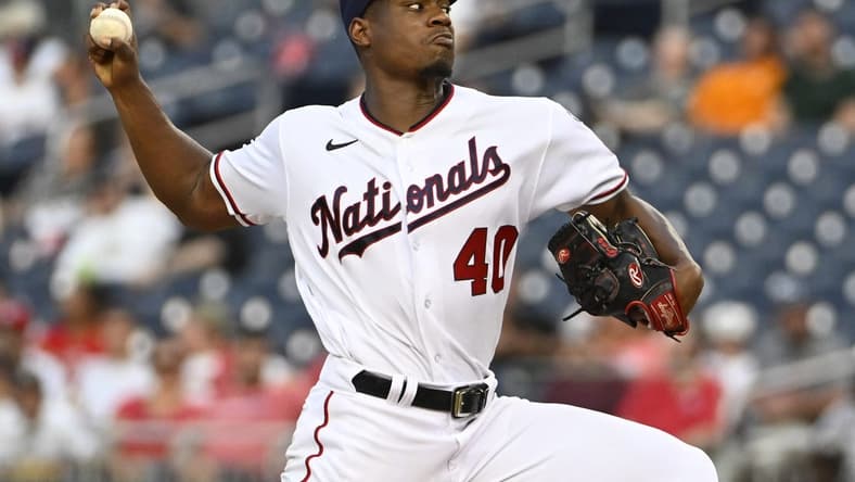 Jul 5, 2023; Washington, District of Columbia, USA; Washington Nationals starting pitcher Josiah Gray (40) throws to the Cincinnati Reds during the third inning at Nationals Park. Mandatory Credit: Brad Mills-USA TODAY Sports
