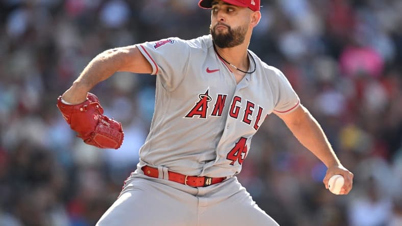 Jul 5, 2023; San Diego, California, USA; Los Angeles Angels starting pitcher Patrick Sandoval (43) throws a pitch against the San Diego Padres during the first inning at Petco Park. Mandatory Credit: Orlando Ramirez-USA TODAY Sports