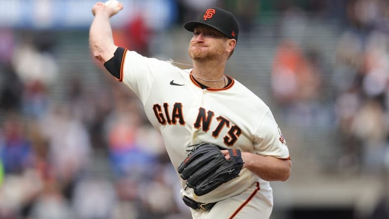 Jul 5, 2023; San Francisco, California, USA; San Francisco Giants starting pitcher Alex Cobb (38) throws a pitch during the first inning against the Seattle Mariners at Oracle Park. Mandatory Credit: Sergio Estrada-USA TODAY Sports