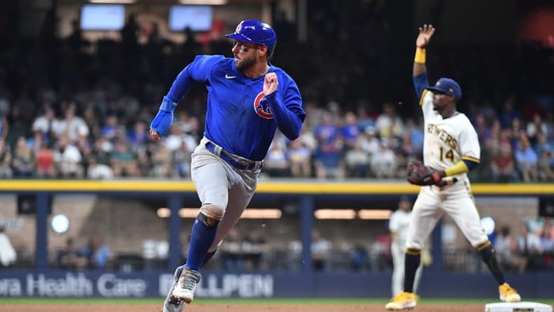 Jul 5, 2023; Milwaukee, Wisconsin, USA; Chicago Cubs center fielder Mike Tauchman (40) runs to third base against the Milwaukee Brewers in the fifth inning at American Family Field. Mandatory Credit: Michael McLoone-USA TODAY Sports