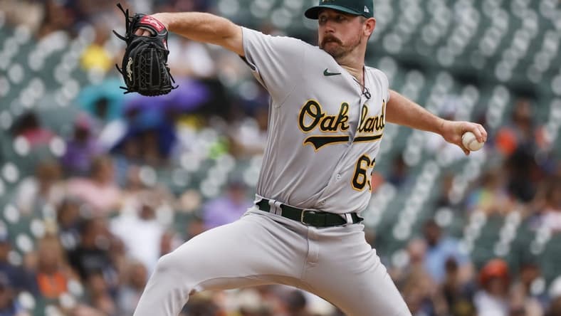 Jul 6, 2023; Detroit, Michigan, USA; Oakland Athletics relief pitcher Hogan Harris (63) pitches in the first inning against the Detroit Tigers at Comerica Park. Mandatory Credit: Rick Osentoski-USA TODAY Sports