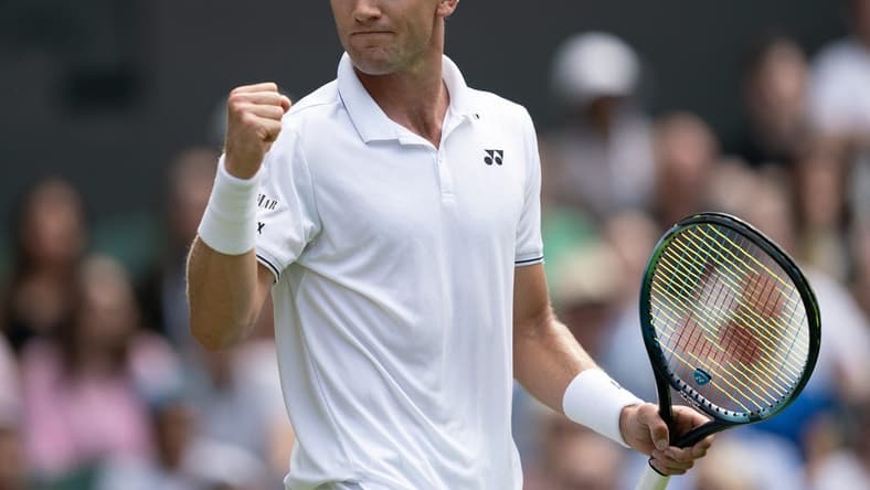 Jul 6, 2023; London, United Kingdom; Casper Ruud (NOR) reacts to a point during his match against Liam Broady (GBR) on day four at the All England Lawn Tennis and Croquet Club. Mandatory Credit: Susan Mullane-USA TODAY Sports