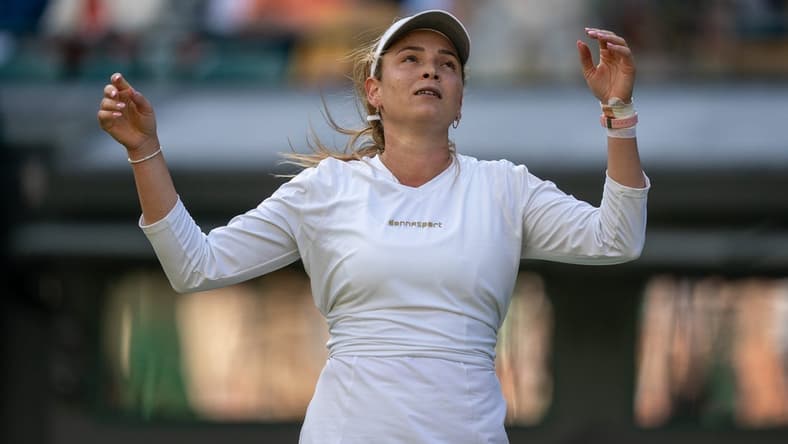 Jul 6, 2023; London, United Kingdom; Donna Vekic (CRO) celebrates winning her match against Sloane Stephens (USA) on day four at the All England Lawn Tennis and Croquet Club.  Mandatory Credit: Susan Mullane-USA TODAY Sports