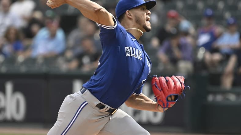 Jul 6, 2023; Chicago, Illinois, USA; Toronto Blue Jays starting pitcher Jose Berrios (17) delivers against the Chicago White Sox during the first inning  at Guaranteed Rate Field. Mandatory Credit: Matt Marton-USA TODAY Sports