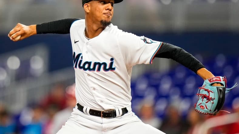 Jul 6, 2023; Miami, Florida, USA; Miami Marlins starting pitcher Eury Perez (39) throws a pitch against the St. Louis Cardinals during the first inning at loanDepot Park. Mandatory Credit: Rich Storry-USA TODAY Sports